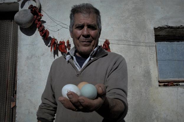 Juan José Morón sostiene un huevo azul junto a otro blanco y otro ocre./R.VÍLCHEZ