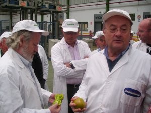 Juan Deus, delegado, y Juan Antonio Díaz, director comercial de Agroiris, comparan la calidad de varias partidas de tomate. :: J. E. RUIZ/